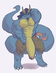 2022 abs anthro arm_hair biceps big_muscles big_penis big_tail blue_body blue_hair blue_tail body_hair bottomwear brown_bottomwear brown_clothing brown_pants chest_hair clothing countershading dragon facial_hair forearm_muscles genitals hair hi_res huge_cock huge_tail humanoid_genitalia humanoid_penis hyper hyper_tail legwear legwear_only male male_anthro muscular muscular_anthro muscular_male mythological_creature mythological_scalie mythology one_eye_closed pants pecs penis scalie shirtless_anthro shirtless_male tail triceps vein veiny_penis wink yellow_body yellow_countershading yellow_penis zephyr_(zephyrchill) zephyrchill