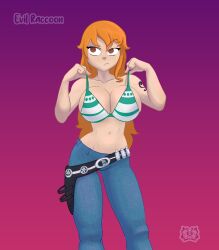 anime_style big_breasts bikini bikini_top brown_eyes evil_raccoon female female_only huge_breasts long_hair massive_breasts nami one_piece orange_hair post-timeskip red_hair striped_bikini tattoo