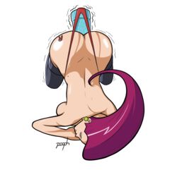 1girls ambiguous_penetration ass backboob ball_earrings female_only green_earrings huge_breasts insertion jessie_(pokemon) masturbation panties pokemon pokemon_rgby pooph team_rocket trembling vibrator video_games white_background