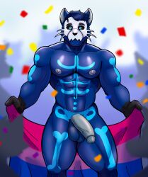 abs absurd_res anthro balls bisexual_pride_colors blue_body blue_eyes blue_fur confetti darolion felid feline flag flag_(object) fur genitals grey_nipples grey_penis hi_res holding_flag holding_object lgbt_pride lgbt_pride_month looking_at_viewer male mammal markings mask muscular muscular_anthro muscular_male nipples nude penis pride_colors skeleton_(marking) skull_mask skullcat_(sar) solo whiskers