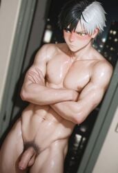 abs ai_generated ashamed blush dynamicblue flaccid_penis gay muscular muscular_male nipples nude penis pubic_hair sakura_haruka solo solo_focus solo_male wind_breaker yaoi