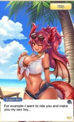 dragon_girl dragon_girl_(project_qt) dragon_horns dragon_tail dragon_wings huge_breasts nutaku project_qt screenshot swimsuit thick_thighs