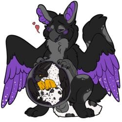 anal anal_vore balls beak black_body blush feathered_wings feathers feet genitals open_mouth purple_eyes stomach_bulge symrea talons toes vore wings