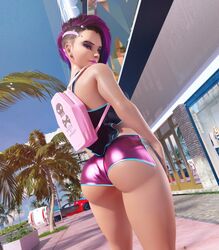 1girls 3d 3d_(artwork) ass asymmetrical_hair backpack big_ass blizzard_entertainment booty_shorts dark-skinned_female dark_skin dat_ass eyeshadow female female_only half-closed_eyes human latina looking_back noahgraphicz outside overwatch palm_tree pink_backpack pink_lipstick public purple_hair seductive_look side_shave smile solo sombra street sunlight