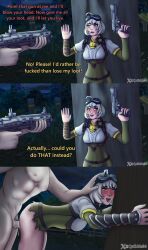 1boy 1girls against_tree anon blush clothed_female_nude_male comic fortnite gun gunpoint happy happy_sex nude nude_male pussy_juice quibble34 razor_(battle_breakers) threatening vaginal_penetration