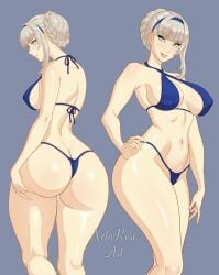 1girls alternate_costume alternate_version_available ass atlus back back_view backboob big_ass big_breasts bikini bikini_bottom bikini_top blue_bikini bottomwear breasts cleavage female female_only grey_eyes grey_hair hair hair_bun hand_on_ass hips huge_ass huge_breasts lips looking_back merope_(persona) persona persona_5 persona_5:_the_phantom_x solo solo_female swimwear thighs topwear wide_hips xelaroseart