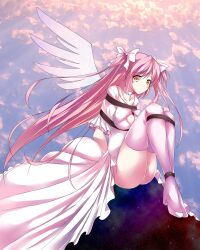 1girls bondage dress madoka_kaname mahou_shoujo_madoka_magica maullarmaullar pink_hair rope solo solo_female solo_focus thighhighs ultimate_madoka white_legwear wings yellow_eyes