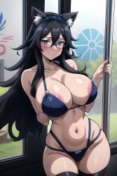 1girls ai_generated ass ass_focus big_breasts black_hair blue_eyes breasts cat_ears cat_tail catgirl female female_focus female_only glasses huge_ass huge_breasts large_breasts long_hair mature_female milf photo pole smile smiling smiling_at_viewer thighs