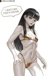 bikini black_eyes black_hair black_lipstick elleciel.eud fear_and_hunger fear_and_hunger:_termina flat_chest gold_bikini lipstick long_hair pale-skinned_female pale_skin samarie_(fear_and_hunger) skinny small_breasts solo_female tagme