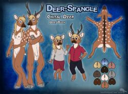 animal_genitalia anthro antlers balls blonde_hair blue_eyes breasts cervine chital clothed clothing cloven_hooves deer-spangle dewclaws female hair hooved_fingers hooves horn male mammal model_sheet nude penis pussy sheath spots