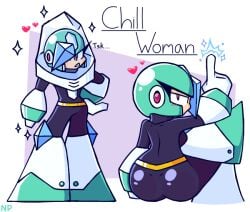 1girls android android_girl ass ass_focus big_ass big_butt big_eyelashes butt_focus chill_man crossed_legs eyelashes genderswap_(mtf) heart hearts_around_head ice looking_at_viewer looking_back_at_viewer mega_man mega_man(classic) mega_man_(series) nocklepie pointing posing reference_sheet robot robot_girl robot_master rule_63 sitting solo solo_female sparkles stuck_in_ice