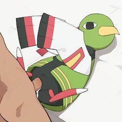 1boy 1girls avian beak bed black_eyes cloaca human interspecies nintendo on_back penis pokemon pokemon_gsc pussy sex size_difference stomach_bulge straight uncensored wings xatu youjomodoki