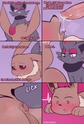 absurd_res anal anus ass blush bodily_fluids comic cum cum_drip cum_in_mouth cum_inside dialogue dripping duo eevee english_text fellatio feral feral_only furry generation_1_pokemon generation_5_pokemon genital_fluids heart_eyes heart_symbol hi_res male male/male nintendo oral penile pokemon pokemon_(species) porldraws rimming sex simple_background text tongue zorua