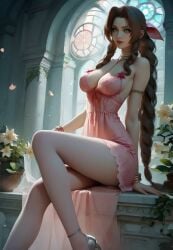 aerith_gainsborough ai_generated brown_hair bustier cleavage female final_fantasy final_fantasy_vii final_fantasy_vii_rebirth final_fantasy_vii_remake flowers green_eyes high_heels large_breasts lingerie looking_at_viewer pink_lingerie very_long_hair