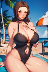 ai_generated beach big_breasts choker female junonboy kashiwagi_noriko legs mature mature_female mature_woman milf one-piece_swimsuit persona persona_4 swimsuit teacher tropical