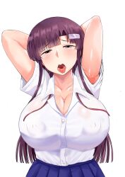 absurd_res armpits arms_behind_head arms_up big_breasts blush breasts cleavage color deep_valley doujinshi hair_ornament inkou_kyoushi_no_saimin_seikatsu_shidouroku large_breasts long_hair looking_at_viewer nipple_bulge nipples nipples_visible_through_clothing open_mouth purple_hair school_uniform schoolgirl shirt skirt solo solo_female solo_focus tongue tongue_out white_shirt