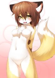 breasts brown_eyes brown_hair female fox furry kyabe_tsuka no_nipples no_pussy nude open_mouth short_hair solo tongue