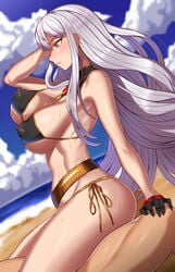 beach bikini black_bikini black_gloves blush breasts cloud cloudy_sky covered_nipples cowgirl_position fat_ass female fluids girl_on_top gloves hand_in_hair implied_sex large_breasts long_hair lowres nt00 ocean pointy_chin profile red_eyes selvaria_bles side-tie_bikini sideboob silver_hair sky solo_focus straddling string_bikini sweat swimsuit valkyria_chronicles