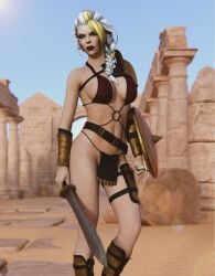 3d dmnhunter69 gladiatrix jaina_proudmoore loincloth ponytail shield sword white_hair world_of_warcraft