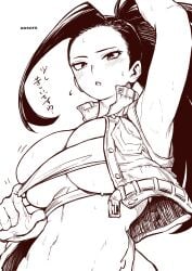 1girls aosora armpits arms_up bandage big_breasts black_eyes black_hair blush breasts long_hair looking_at_viewer momo_yaoyorozu my_hero_academia ponytail skimpy solo sweat