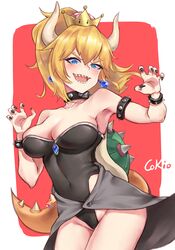 1boy 1girls blonde_hair blue_eyes bowsette cleavage cokio crown earrings female female_focus horns large_breasts leotard male mario mario_(series) new_super_mario_bros._u_deluxe nintendo ponytail rule_63 solo_focus spiked_armlet spiked_bracelet spiked_collar spikes standing super_mario_bros.