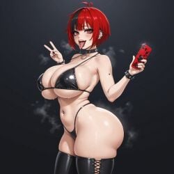 ai_generated big_ass big_breasts cellphone emo goth latex red_hair tongue_out tongue_piercing wide_hips