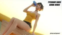 3d 3d_(artwork) bench big_ass big_breasts blender blender_(software) blender_cycles bottle closed_eyes clothed clothing drink drinking female gym gym_clothes gym_uniform legs overwatch overwatch_2 shirt shorts sitting smile sunset sweat tracer typiconart vanilla video_games visual_novel water