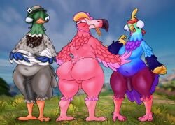 3boys 3males anthro avian bird budge_(fortnite) duck femboy feminine feminine_male flamingo fortnite male_only mallard sgt_drake_(fortnite) tex_flamingo_(fortnite)