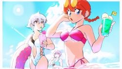 3girls beach bikini blue_eyes braid braided_hair crossover drink drinking female female_only genderswap_(mtf) ginko_sakata gintama gintoki_sakata glasses innertube kasakasagogo looking_at_viewer medium_breasts one-piece_swimsuit orange_hair pink_hair ranma-chan ranma_1/2 ranma_saotome red_eyes red_hair rule_63 saiki_kusuko saiki_kusuo saiki_kusuo_no_psi_nan short_hair small_breasts sunglasses sunglasses_on_head swimsuit underboob very_short_hair