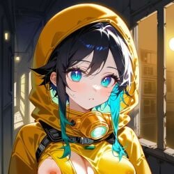 1girls ai_generated atom_(throwaway) blush genderswap_(mtf) genshin_impact hazmat_suit ripped_clothing rule_63 venti_(genshin_impact)