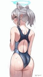 absurdres animal_ear_fluff animal_ears ass back blue_archive blush competition_swimsuit ear_piercing extra_ears female grey_hair halo highres looking_at_viewer low_ponytail medium_hair multicolored_clothes multicolored_swimsuit official_alternate_costume one-piece_swimsuit piercing prixy shiroko_(blue_archive) shiroko_(swimsuit)_(blue_archive) solo swimsuit wet wolf_ears