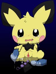 1girls 2018 anal_insertion anus big_ears black_eyes blush clitoris drooling feet female female_only furry insertion nintendo open_mouth paws pichu pokémon_(species) pokemon pokemon_gsc pussy rodent saliva sex_toy simple_background solo tatwuyan tears video_games wet yellow_fur