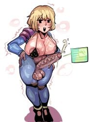 1futa 2024 balls bikini_top blonde_hair blush breasts clothed clothing ejaculation erection fallout futa_only futanari huge_breasts huge_cock human light-skinned_futanari light_skin nadadi6 partially_clothed penis short_hair solo standing vault_girl vault_suit