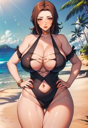 ai_generated beach big_breasts choker female junonboy kashiwagi_noriko legs mature mature_female mature_woman milf one-piece_swimsuit persona persona_4 swimsuit teacher tropical