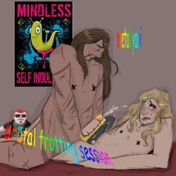 :3 adult_swim blonde_hair blue_eyes brown_hair censored_penis facial_hair frotting gay long_hair metalocalypse msi orgasm postal_dude pride_colors scars_all_over skinny skwisgaar_skwigelf toki_wartooth yaoi