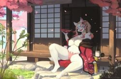 1girls alcohol anthro big_breasts blonde_hair canid canine closed_eyes detailed_background female female_only fox fur furry hi_res japanese_clothes kimono lcshian long_hair open_kimono panties red_highlights sake_bottle sake_dish sitting smiling solo thick_thighs white_fur