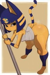 a_name_for_me animal_ears ankha ankha_(animal_crossing) ass bending_over cat_ears egyptian feline fur furry hereapathy huge_ass looking_at_viewer pole shaking small_breasts sweat tail thick_thighs yellow_fur