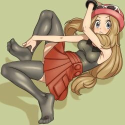 1girls blush brunette brunette_hair digital_drawing_(artwork) digital_media_(artwork) embarrassed embarrassed_female hat headgear looking_at_viewer on_floor pokemon pokemon_xy pose posing serena_(pokemon) serena_(pokemon_games) shadow simple_background thighhighs tsuwitchii84