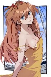 1girls asuka_langley_sohryu bare_shoulders breasts cleavage clothed dress female loose_clothes neon_genesis_evangelion no_bra sleeveless sleeveless_dress small_breasts solo sundress tagme yagisawa_teru yellow_dress