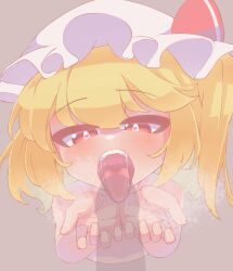 blonde_hair blush bright_pupils cropped_torso cupping_hands female flandre_scarlet hat highres imminent_fellatio mob_cap nude one_side_up open_mouth own_hands_together oyatu_potage penis red_eyes saliva saliva_trail steam tongue tongue_out touhou white_hat white_pupils