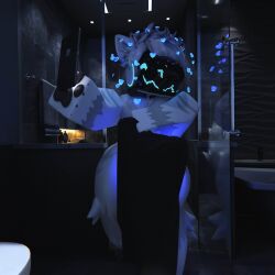 bathroom covering_penis femboy fur furry glowing_genitalia nearlyepoint no_sex phone protogen roblox robloxian selfie solo towel_around_waist white_fur