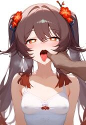 ai-created ai_generated blush brown_hair covered_nipples dark-skinned_male finger_in_another's_mouth genshin_impact heart-shaped_pupils hu_tao_(genshin_impact) looking_at_viewer open_mouth red_eyes saliva simple_background steam tongue_out two_side_up upper_body white_background ztenebrae