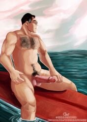 belly dilf gremlinshoard hairy_chest huge_cock medic_(team_fortress_2) pubic_hair public_nudity solo_male surfboard team_fortress_2 tf2