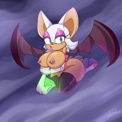 anthro bat big_breasts blush blush_lines breasts chaos_emerald clothing eyelashes eyeshadow female flying footwear fur gem genitals gloves green_eyes hair handwear hi_res lipstick looking_at_viewer makeup mammal nipple_piercing nipples piercing pussy rouge_the_bat sega slemka solo sonic_(series) sonic_the_hedgehog_(series) white_body white_fur white_hair wings