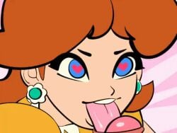 1boy 1girls animated bedroom_eyes blowjob blowjob_face blue_eyes brown_hair cock_hungry cock_worship dick_licking dick_sucking_lips female foreskin_play glans heart heart-shaped_pupils heart_eyes horny horny_female licking_penis licking_tip male mario_(series) penis princess_daisy slutty_face sucking_penis tongue tongue_around_penis tongue_out uncircumcised whiteflagman
