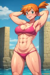 1girls abs ai_generated arm_behind_head armpits big_breasts bikini bodybuilder breasts buff fit_female green_eyes kasumi_(pokemon) large_breasts looking_at_viewer muscles muscular_female orange_hair pink_bikini pokemon posing red_hair self_upload side_ponytail smiling stable_diffusion sweating teenager tomboy unclego