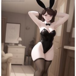 1girls ai_generated blush breasts brown_hair bunnysuit exposed_breasts female female_only fluffy human jaiden jaiden_animations jaidenanimations playboy_bunny pussy smile solo white_body
