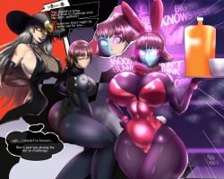 ass black_skin bowtie brainwashing breasts bunny_ears bunny_girl bunny_tail bunny_waitress bunnysuit commissioner_upload enemy_conversion english_text glowing_eyes huge_ass huge_breasts hypnosis hypnotic_eyes leotard mahou_monster makoto_niijima mask masked masked_female mind_control persona persona_5 persona_5_royal pink_eyes sae_niijima shadow_(persona) shadow_waitress shin_megami_tensei text thick_ass thick_thighs wide_hips yellow_eyes