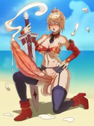 1futa ahegao balls beach breasts cleavage cum cumshot dickgirl erection fate/apocrypha fate/grand_order fate_(series) futa_only futanari huge_cock intersex lycra_(artist) mordred_(fate) penis solo testicles