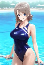 ai_generated blue_eyes breasts breasts_out brown_hair competition_swimsuit female levia9781 love_live! love_live!_sunshine!! medium_breasts navel nipples one-piece_swimsuit short_hair solo stomach swimsuit thighs watanabe_you wavy_hair